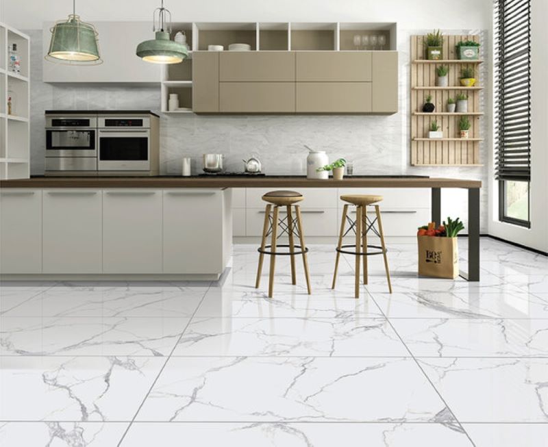 Gạch trắng vân khói lát nền không gian phòng bếp