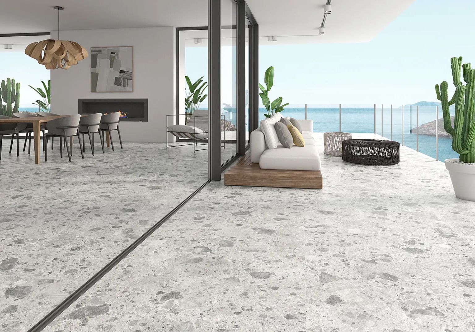 Gạch lát nền phòng khách vân terrazzo 80x80