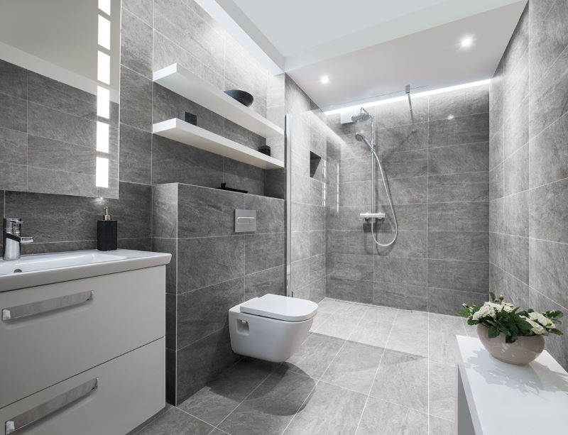 Gạch 40x80 vân đá màu ghi cho phòng tắm thêm hiện đại tinh tế