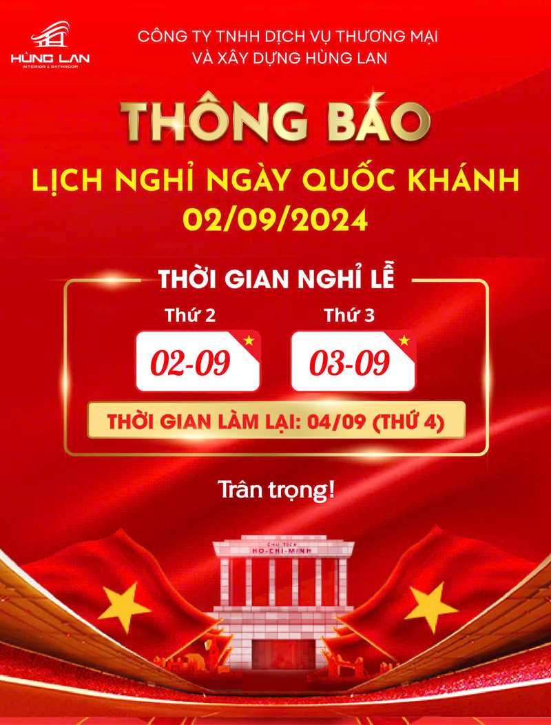 Showroom Hùng Lan thông báo lịch nghỉ lễ 2/9