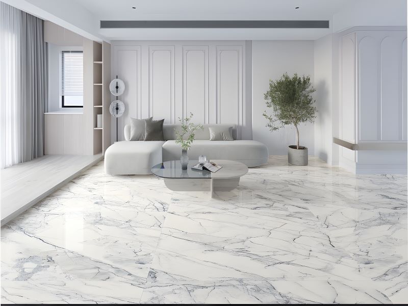 Phòng khách sang trọng hiện đại với gạch vân đá đa faces đầy tự nhiên, nghệ thuật