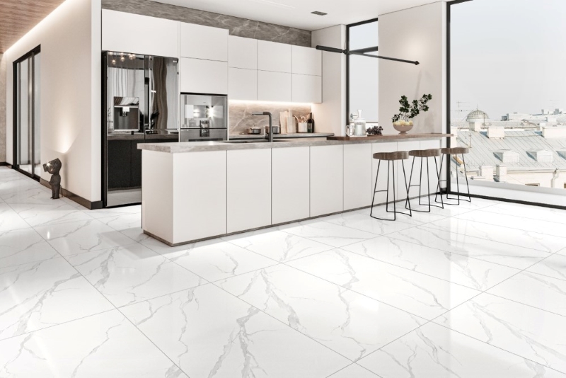 Nhà bếp nhã nhặn, hiện đại lát gạch vân đá 