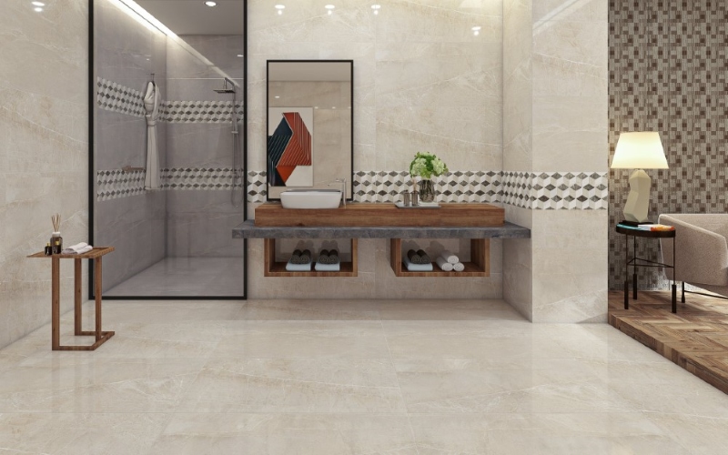 Gạch giả đá ốp lát nhà tắm màu kem