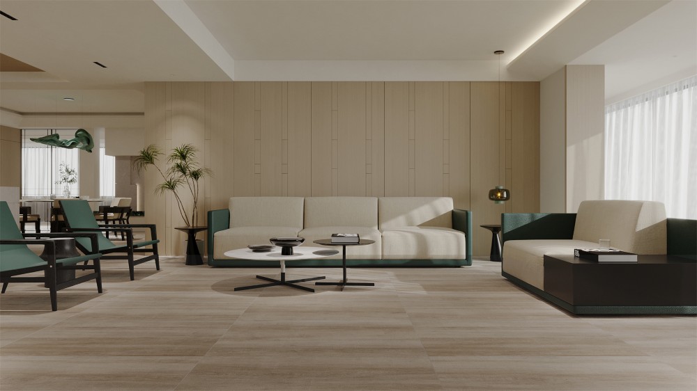 Phòng khách thanh lịch, sang trọng với gạch giả gỗ