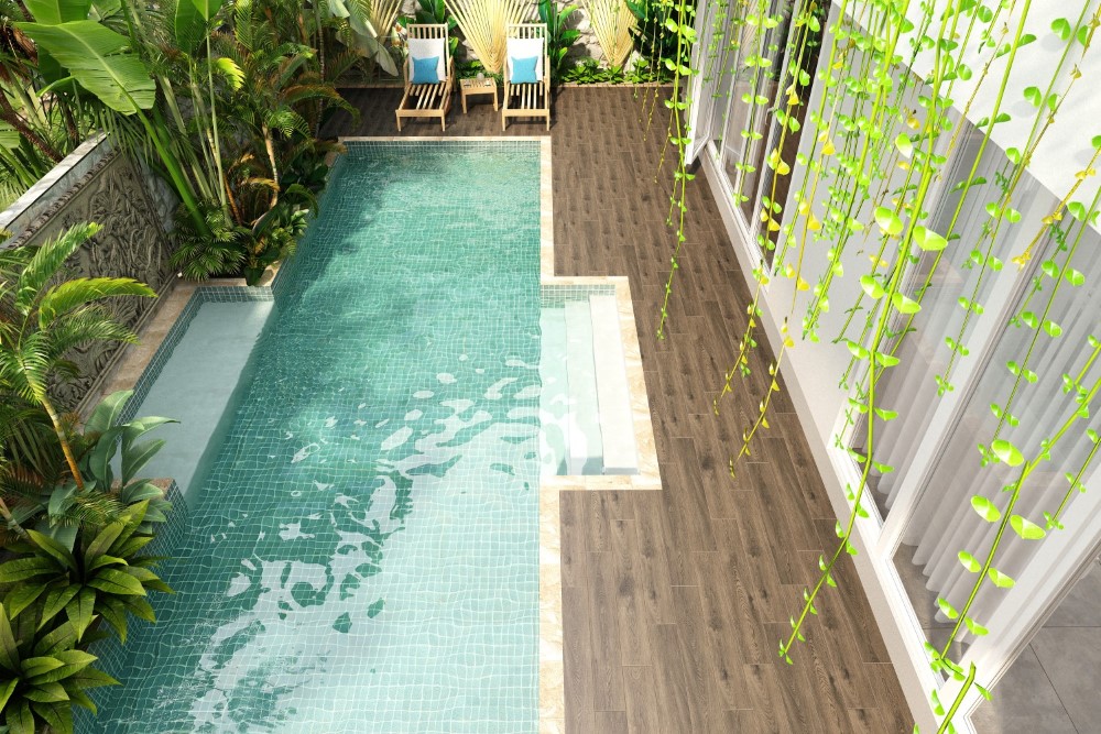 Gạch giả gỗ lát hồ bơi giúp di lại không bị lạnh chân và rát chân 