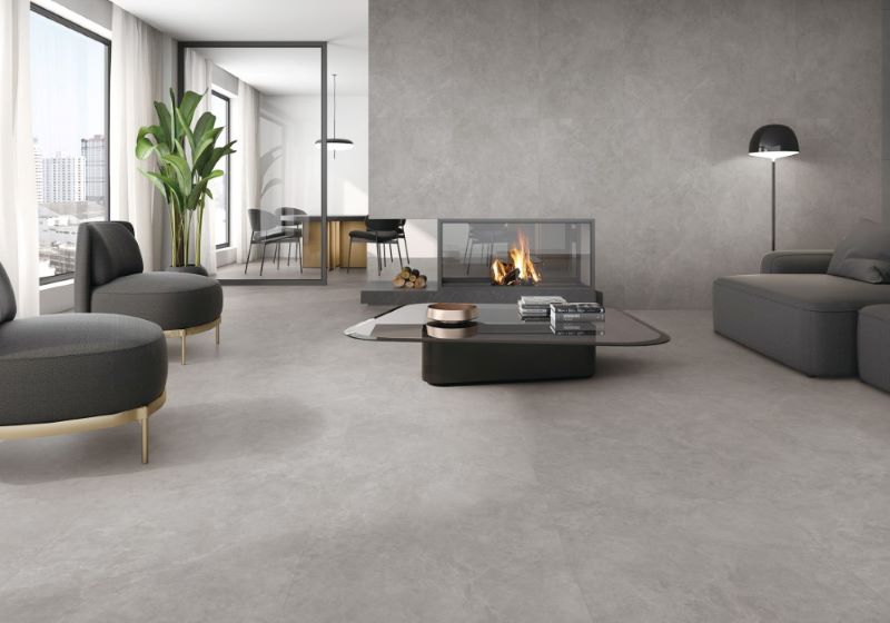 Phòng khách tối giản đầy thanh lịch với gạch ốp tường tông xám nhạt