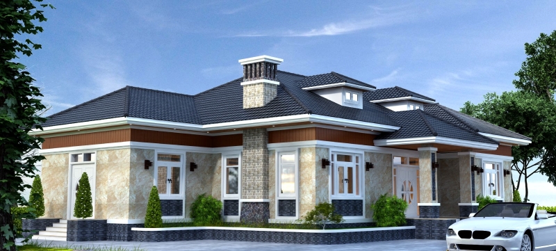 Gạch vân đá màu be ốp mặt tiền biệt thự kiểu sân vườn