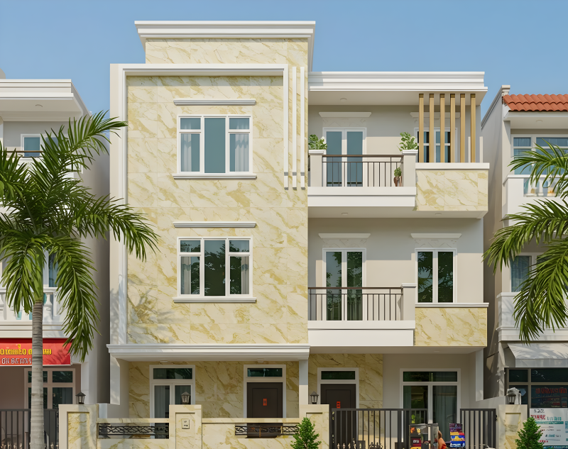 Khu vực mặt tiền đầy nhẹ nhàng và thu hút với gạch ốp mặt tiền màu vàng be