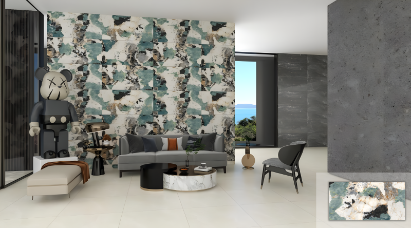 Gạch vân đá màu xanh ốp tường trang trí phòng khách