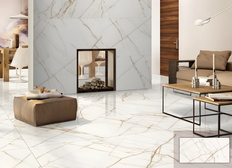 Gạch ốp tường phòng khách vân đá trắng sáng