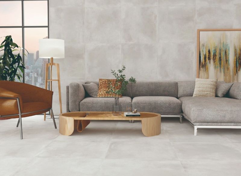 Gạch ốp tường phòng khách vân xi măng 