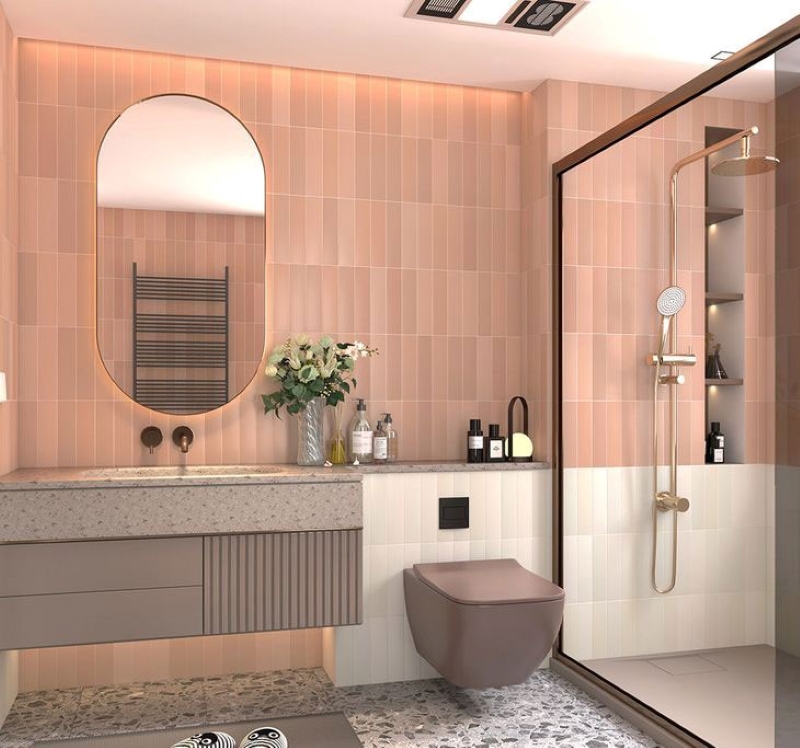 Tường nhà tắm trở nên độc đáo hơn với gạch thẻ