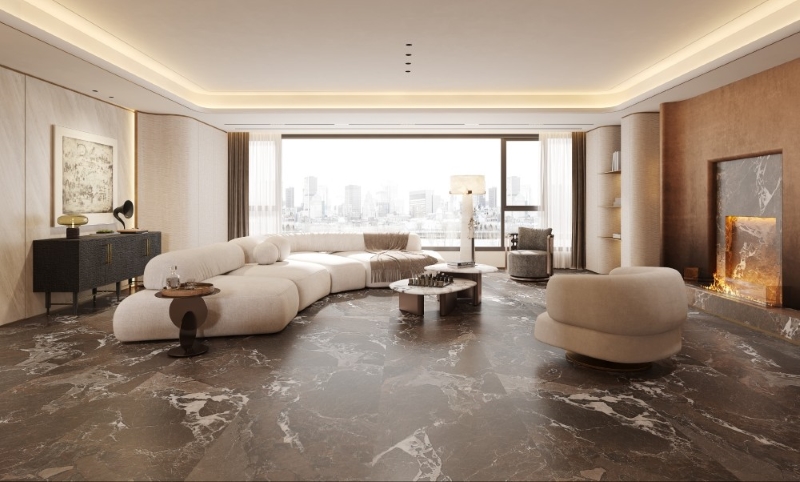 Phòng khách sang trọng, thư thái với gạch Trung Quốc 75x150 màu nâu