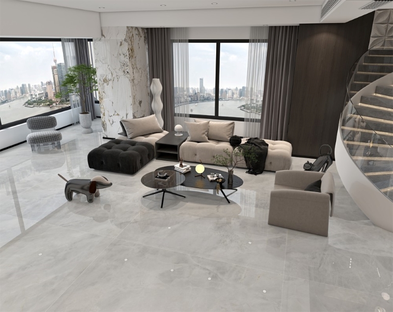 Phòng khách thời thượng với gạch vân đá màu xám