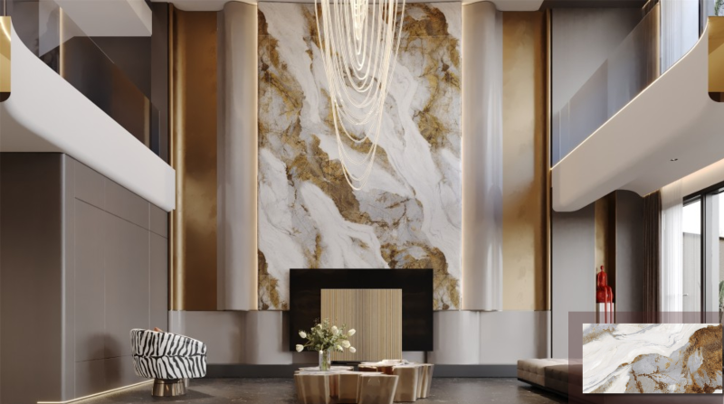 Gạch vân đá khổ lớn tông nâu ốp tường phòng khách