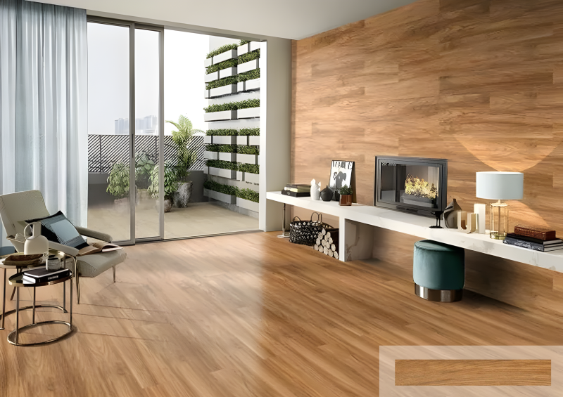 Gạch giả gỗ ốp tường phòng khách gam màu sáng