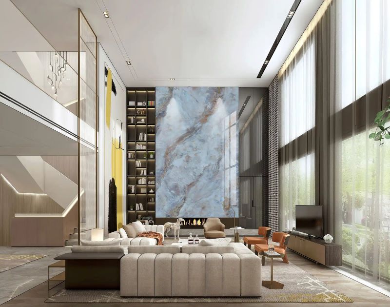 Gạch ốp tường phòng khách giả đá
