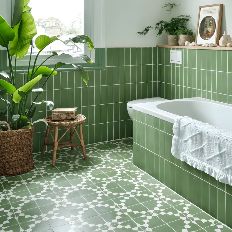 Nhà tắm phối gạch ốp lát cùng tông xanh mang lại sự yên bình