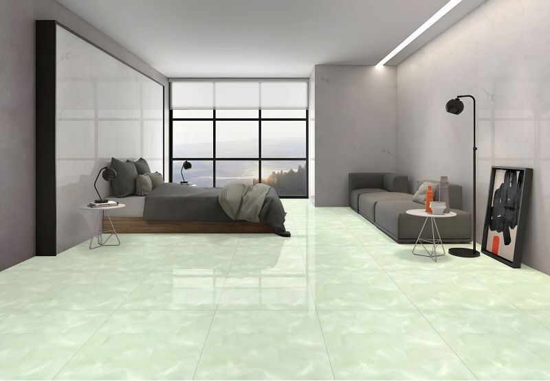 Gạch lát nền xanh lá cây kết hợp tường xám đầy hiện đại