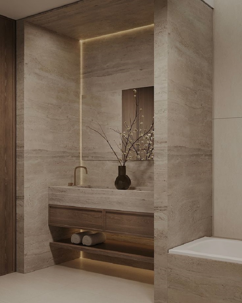 Gạch vân đá travertine ốp lát phòng tắm, nhà vệ sinh