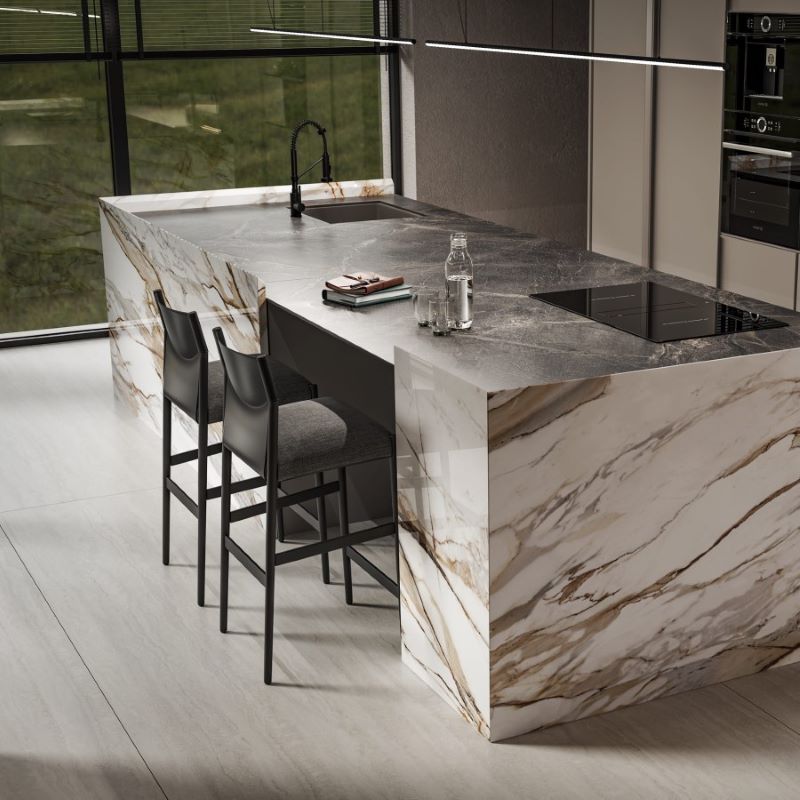 Trang trí đảo bếp bằng gạch vân đá marble