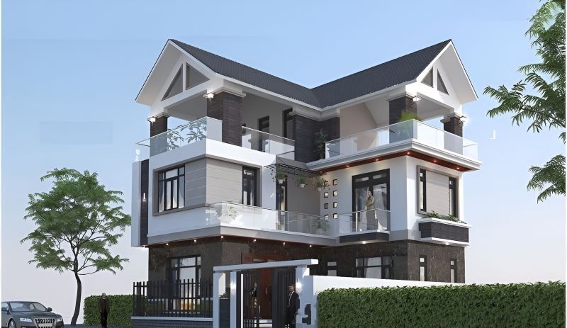Nhà 3 tầng mái Thái hình chữ L là một trong những thiết kế phổ biến