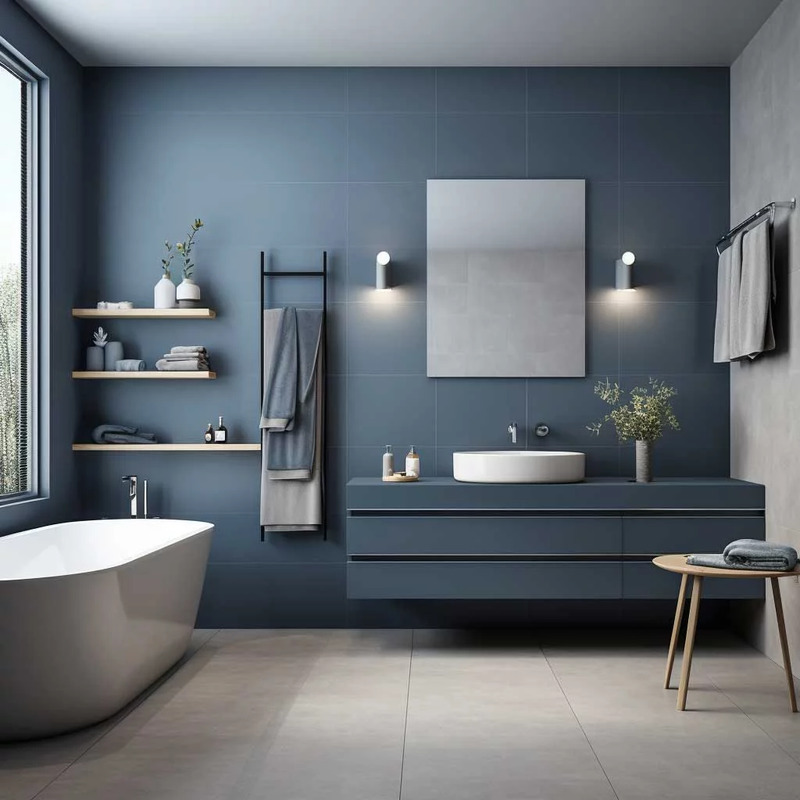  màu xanh dương và xám sẽ phù hợp hơn với phòng tắm có diện tích vừa và lớn