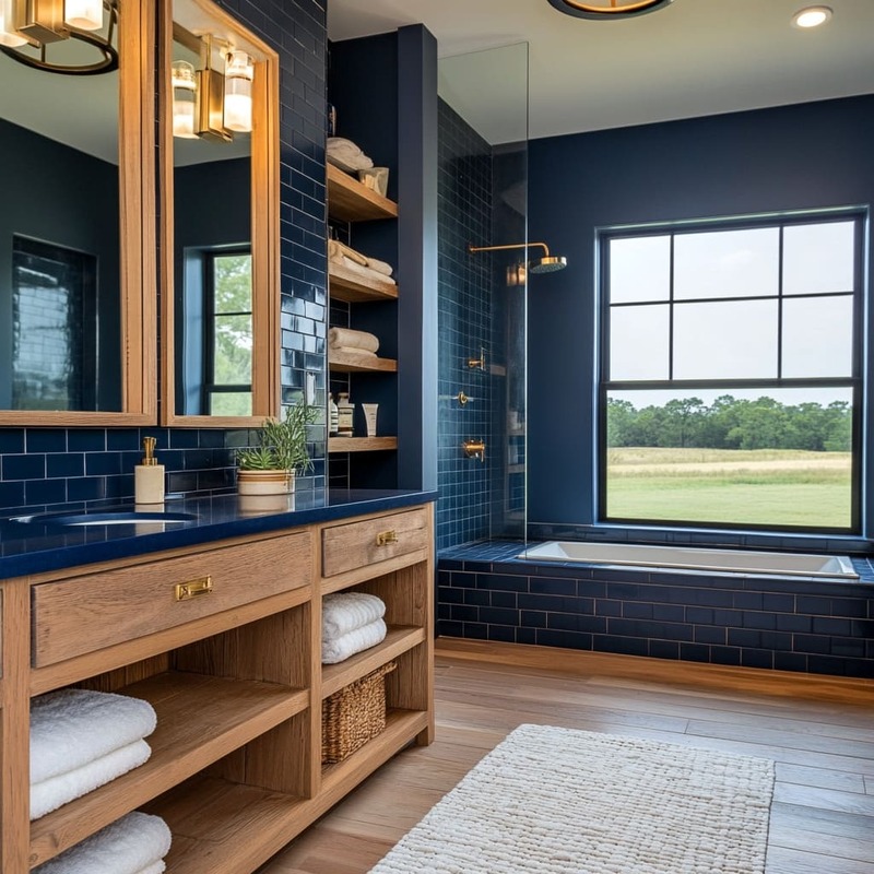 Phòng tắm kết hợp gạch màu xanh dương và gỗ tự nhiên