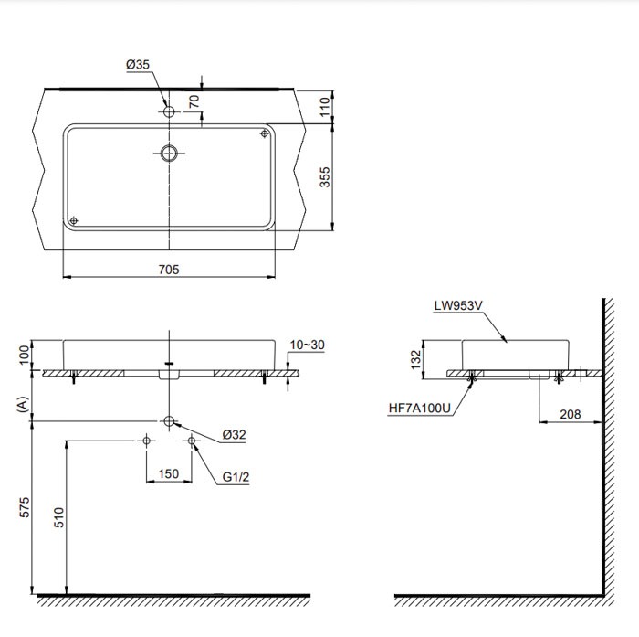 Bản vẽ lắp đặt chậu rửa đặt bàn TOTO LT953