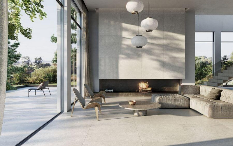 Phòng khách hiện đại, ấm cúng hơn với gạch 99x90 màu xám