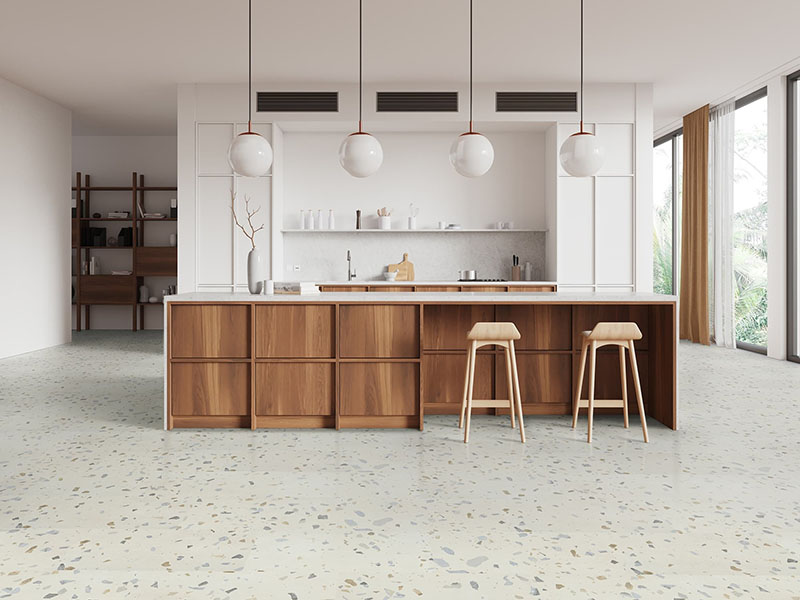 Gạch terrazzo mang lại sự ph&oacute;ng kho&aacute;ng, c&aacute; t&iacute;nh cho kh&ocirc;ng gian bếp