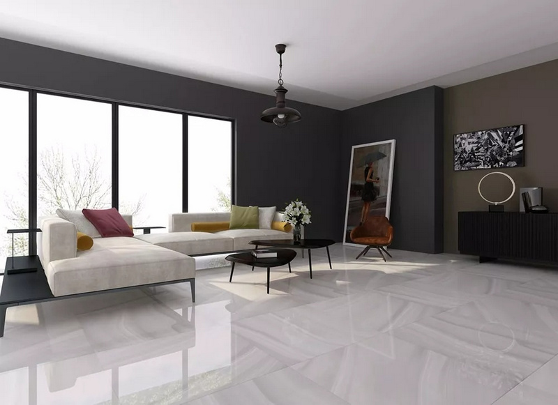 Gạch Viglacera SIG.P-8807 tông sáng bề mặt bóng giúp không gian phòng khách thêm rộng thoáng