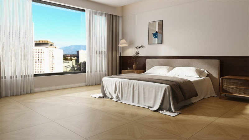 Gạch khổ 80x80 vân gỗ khiến cho không gian phòng ngủ trở nên dễ chịu và ấm cúng mà vẫn toát lên được sự sang trọng hiện đại