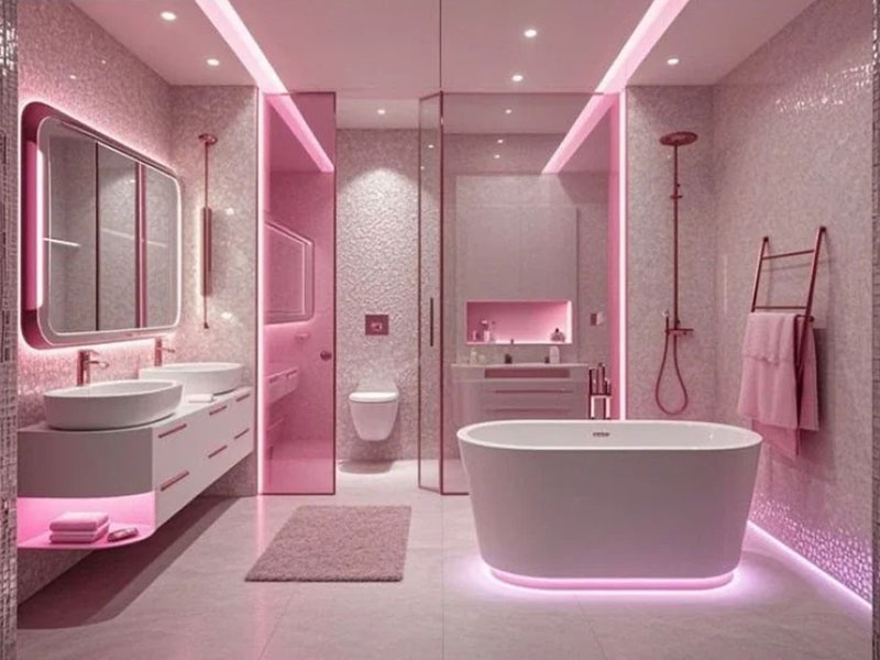 Phòng tắm màu tím hồng cánh sen trẻ trung