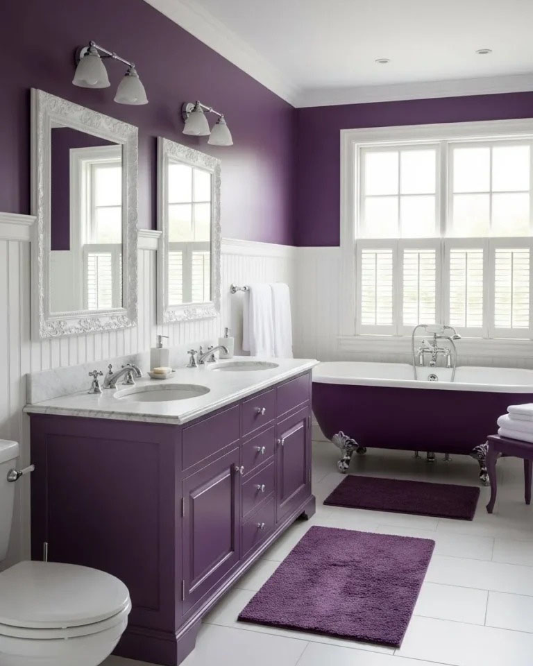 Phòng tắm màu tím nhạt kết hợp gạch màu trắng