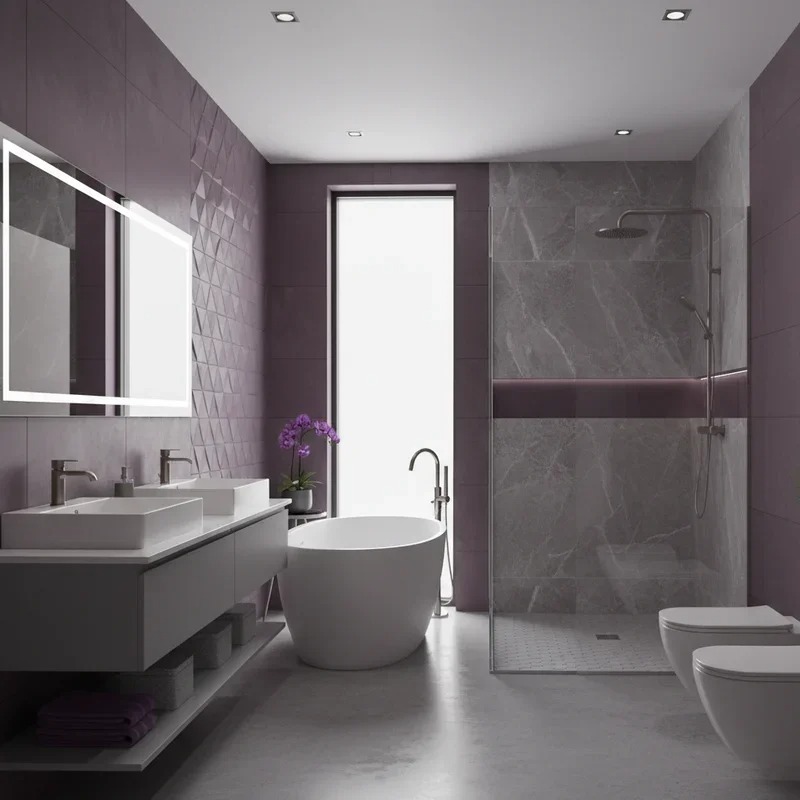 Phòng tắm màu tím kết hợp màu xám hiện đại, tối giản