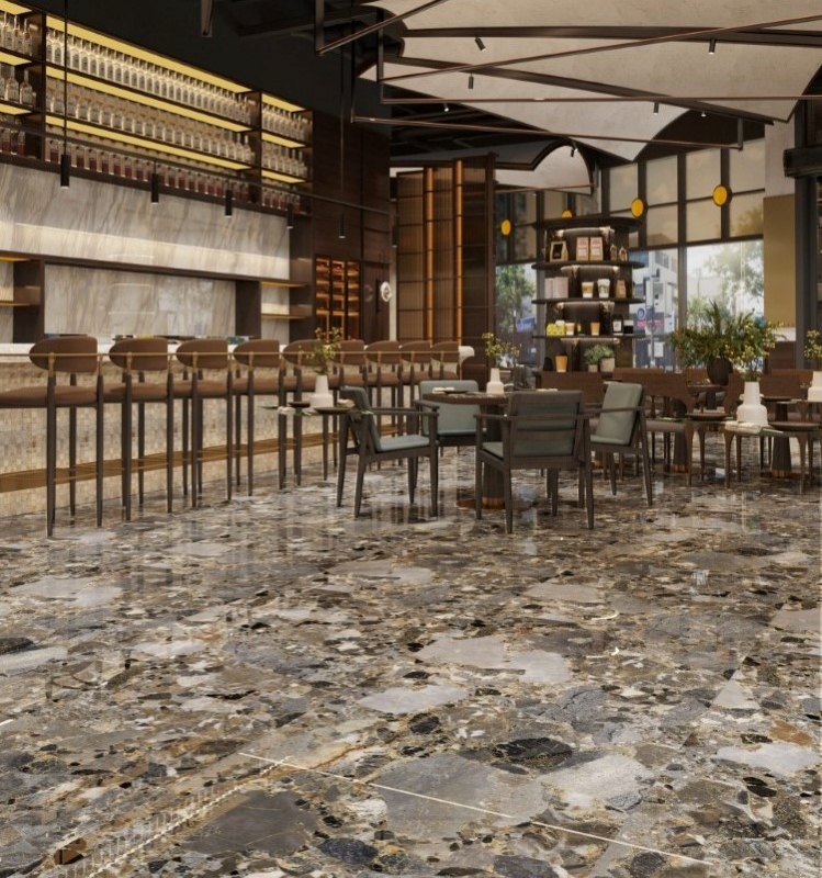 Quán cafe sang trọng đầy ấn tượng với mẫu gạch Trung Quốc HLTQ110009HD vân đá đa màu 