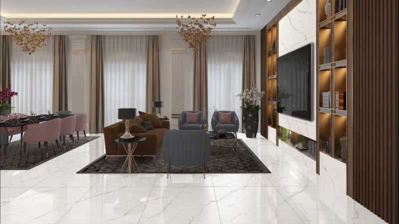 Gạch Apodio US6802 vân đá siêu bóng bóng lát nền phòng khách rộng rãi, hiện đại