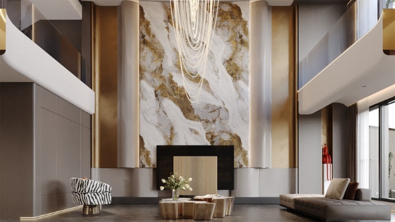 Phòng khách thông tầng ứng dụng gạch ốp tường Trung Quốc HLTQ918077EL đậm vẻ tự nhiên