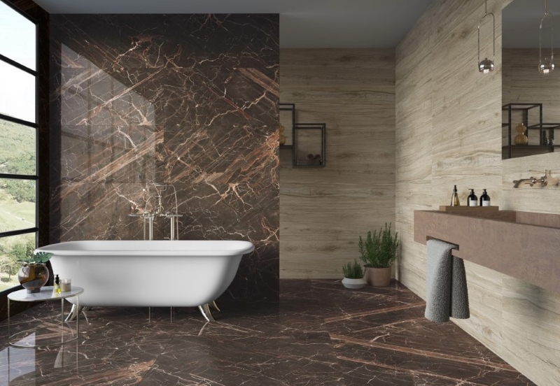 Phòng tắm được nâng tầm không gian với gạch vân đá khổ lớn