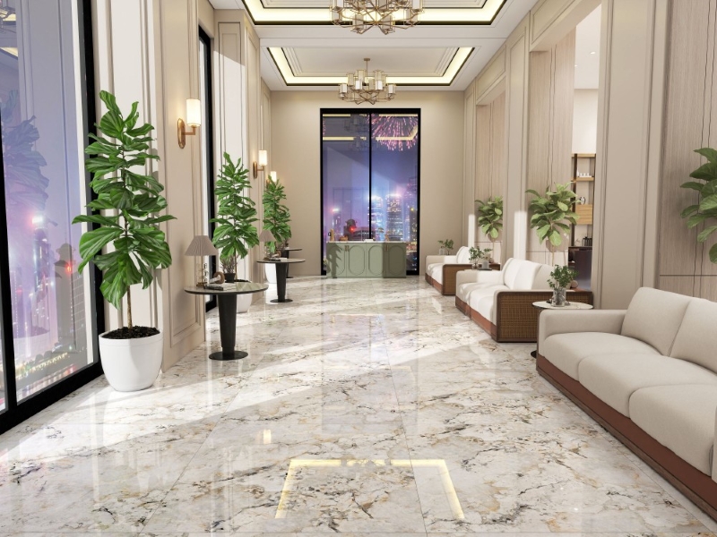 Khu vực hành lang khách sạn vừa cao cấp vừa trẻ trung với gạch 120x120 Prime 03.120120.70007