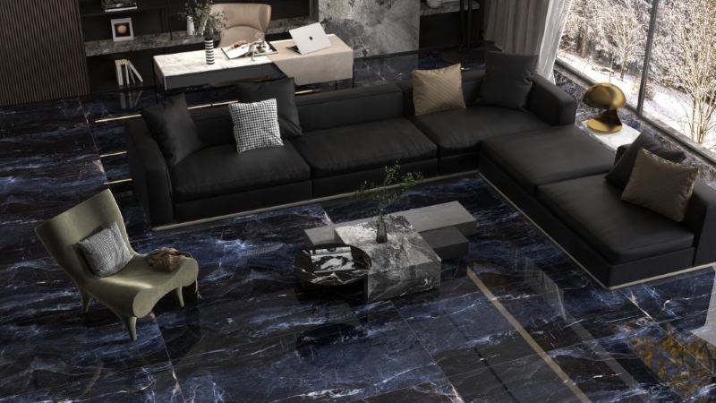 Gạch vân đá Apodio MA86PP805 tông màu xanh đen bề mặt siêu bóng biến không gian trở nên mạnh mẽ, đậm chất riêng