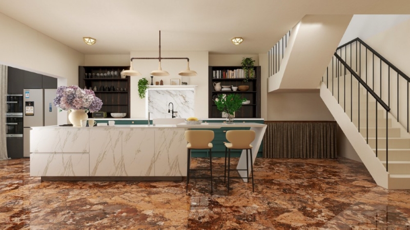 Nền gạch C86EB903 khổ lớn màu hổ phách rực rỡ, bóng bẩy, vừa sang vừa ấm 