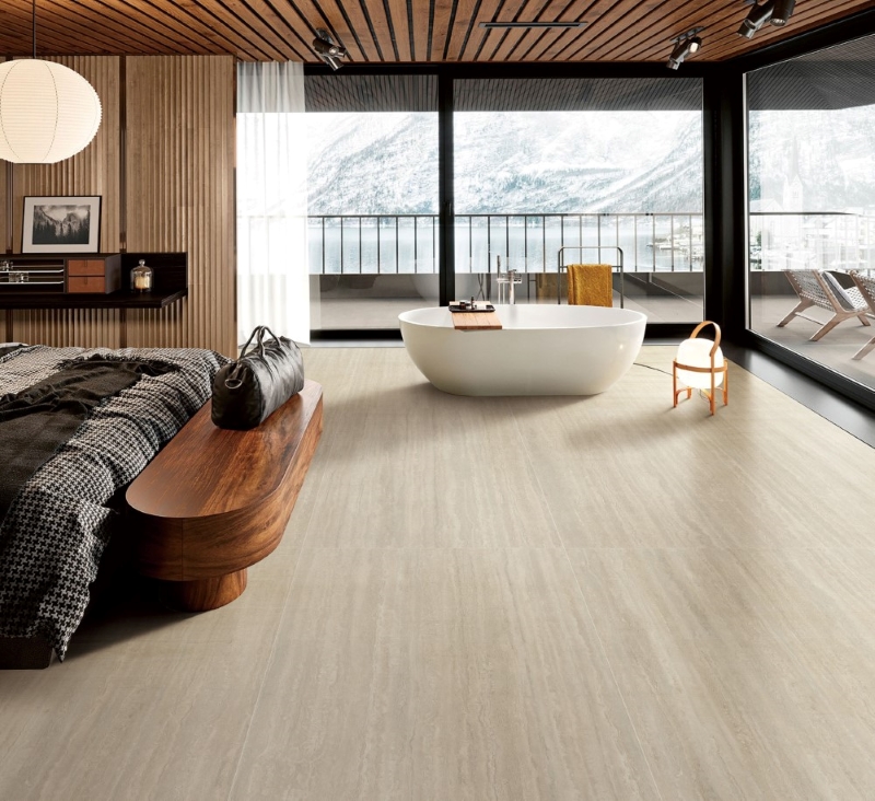 Không gian nghỉ dưỡng đầy thư thái lát nền gạch vân đá travertine 90x180 HLTQ918031EL