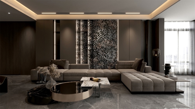 Tấm gạch trang trí Trung Quốc HLTQ918082EL hiệu ứng xà cừ tuyệt đẹp ốp tạo điểm nhấn cho khu vực sau sofa phòng khách