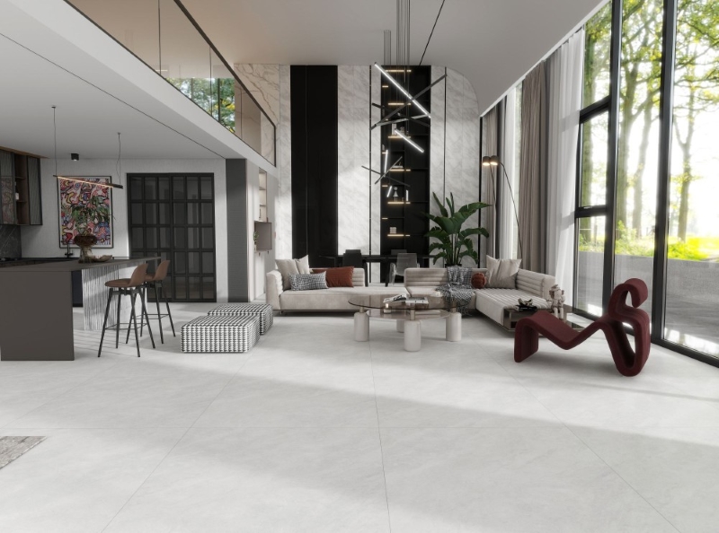 Phòng khách thời thượng lát nền gạch vân đá xám 120x120 Prime 03.120120.70009