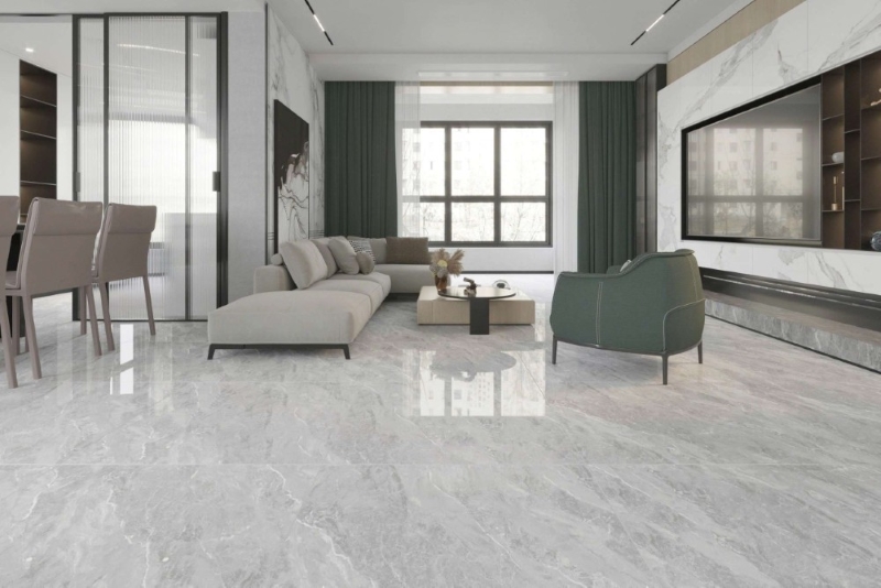 Phòng khách lát gạch khổ lớn vô cùng rộng rãi