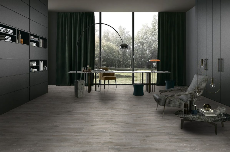 Thiết kế không gian làm việc rất chuộng gạch giả gỗ tông xám dạng thanh dài