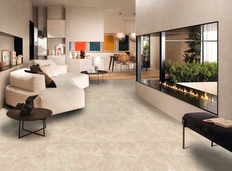 Gạch vân xi măng vàng loang  Apodio 66454504 được ứng dụng lát nền phong cách Bắc Âu kết hợp hiện đại