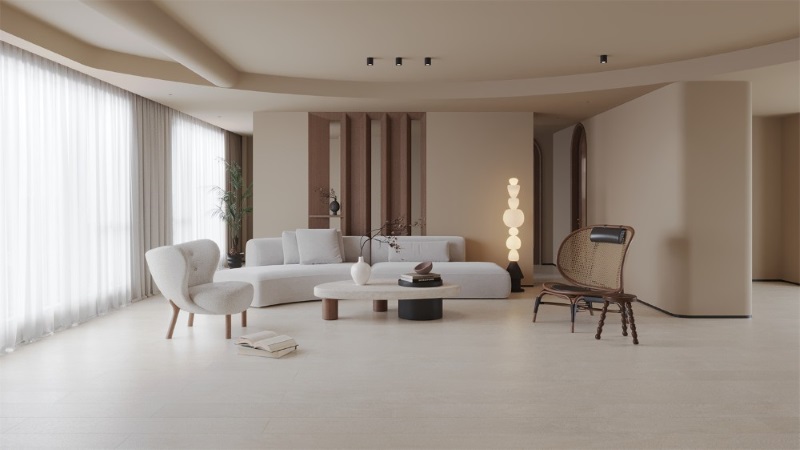 Gạch vân gỗ mài mịn tông màu ấm được coi là một vật liệu đặc trưng của phong cách Bắc Âu